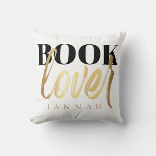Book Lover Black Gold Script Book Nerd Name Cushion