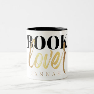 Book Lover Black Gold Script Book Nerd Name Two-Tone Coffee Mug