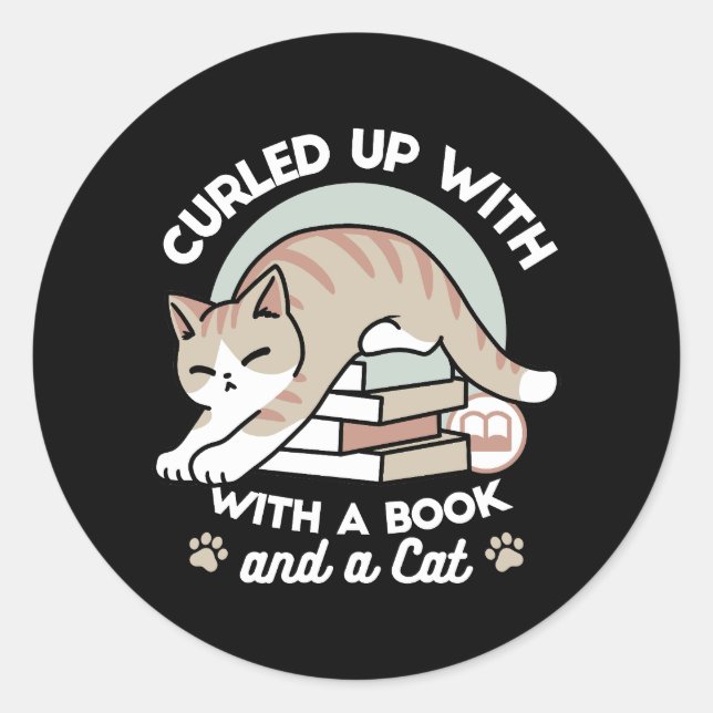 Book Lover Cat Illustration - Curled Up & Cosy Classic Round Sticker (Front)