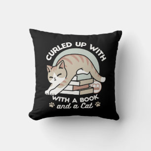 Book Lover Cat Illustration - Curled Up & Cosy Cushion