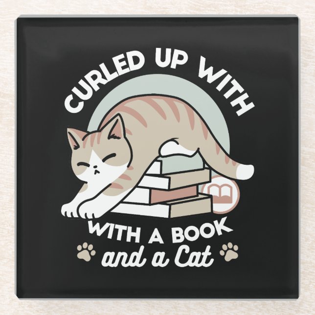 Book Lover Cat Illustration - Curled Up & Cosy Glass Coaster (Front)