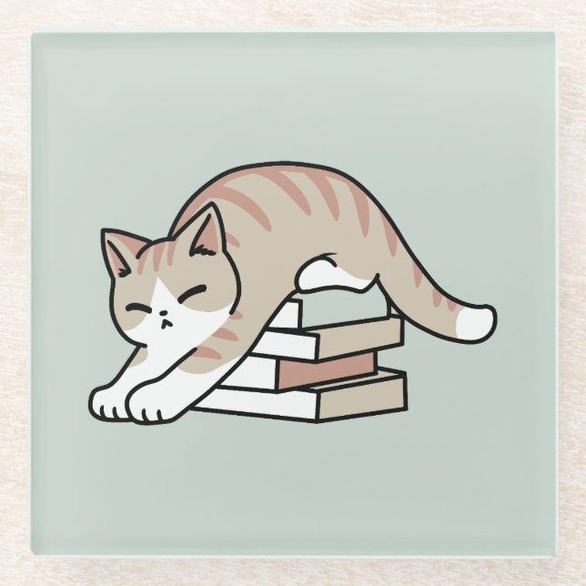 Book Lover Cat Illustration - Curled Up & Cosy Glass Coaster (Front)