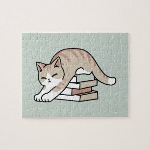Book Lover Cat Illustration - Curled Up & Cosy Jigsaw Puzzle