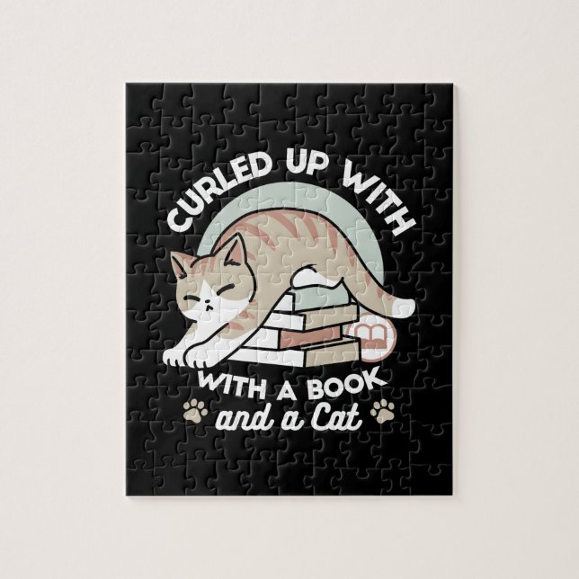 Book Lover Cat Illustration - Curled Up & Cosy Jigsaw Puzzle (Vertical)