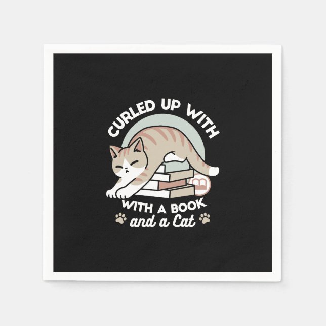 Book Lover Cat Illustration - Curled Up & Cosy Napkin (Front)