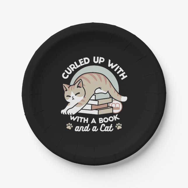 Book Lover Cat Illustration - Curled Up & Cosy Paper Plate (Front)