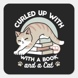 Book Lover Cat Illustration - Curled Up & Cosy Square Sticker