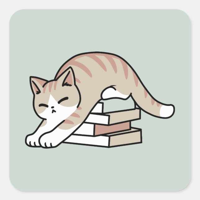 Book Lover Cat Illustration - Curled Up & Cosy Square Sticker (Front)