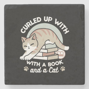 Book Lover Cat Illustration - Curled Up & Cosy Stone Coaster