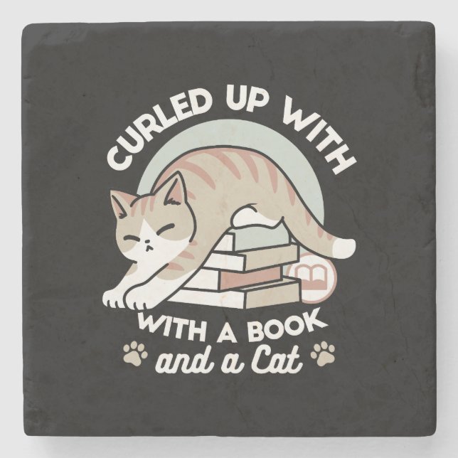 Book Lover Cat Illustration - Curled Up & Cosy Stone Coaster (Front)