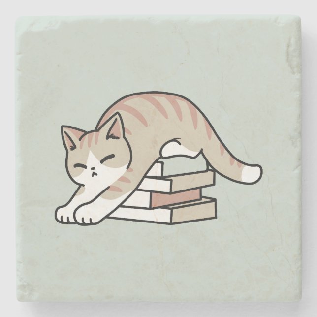 Book Lover Cat Illustration - Curled Up & Cosy Stone Coaster (Front)
