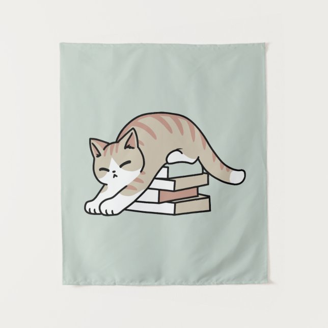 Book Lover Cat Illustration - Curled Up & Cosy Tapestry (Front)