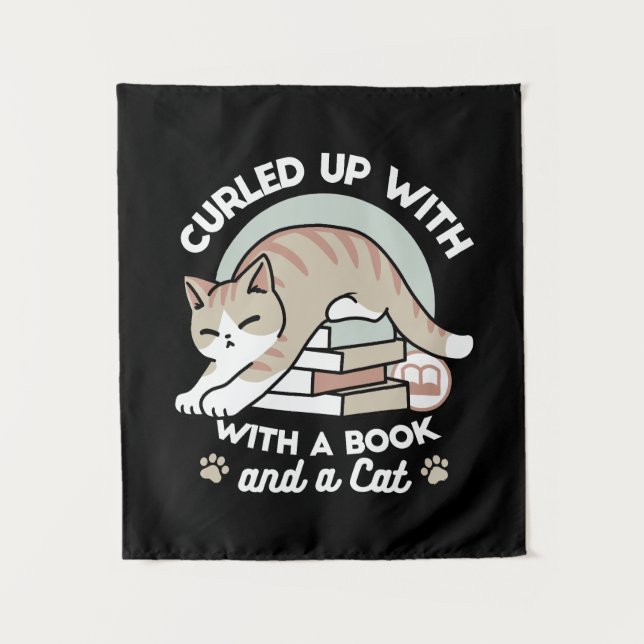 Book Lover Cat Illustration - Curled Up & Cosy Tapestry (Front)