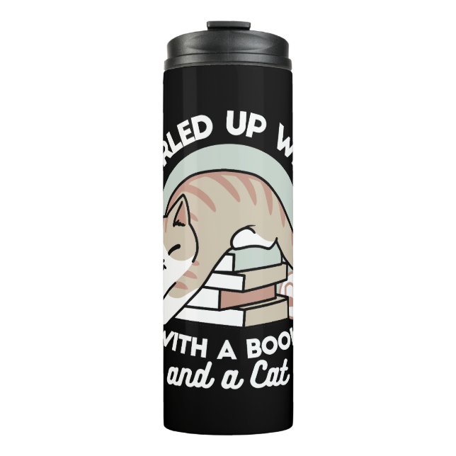 Book Lover Cat Illustration - Curled Up & Cosy Thermal Tumbler (Front)