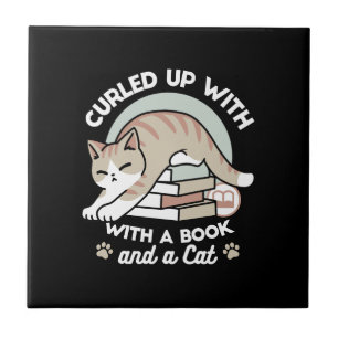Book Lover Cat Illustration - Curled Up & Cosy Tile