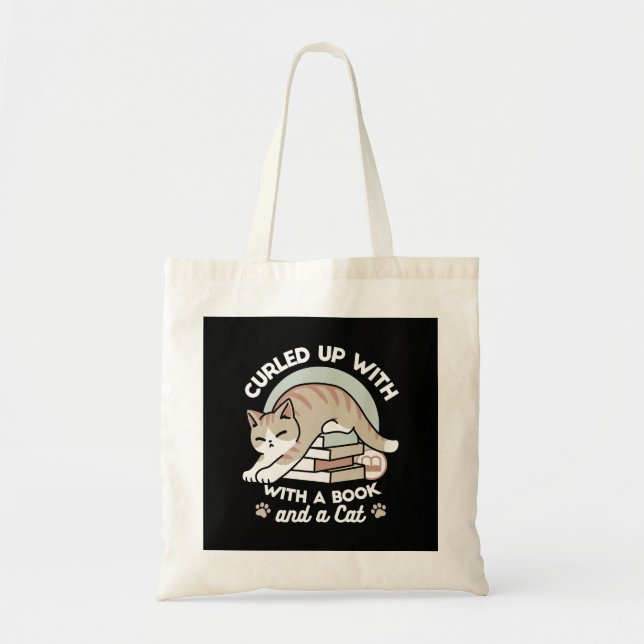 Book Lover Cat Illustration - Curled Up & Cosy Tote Bag (Front)