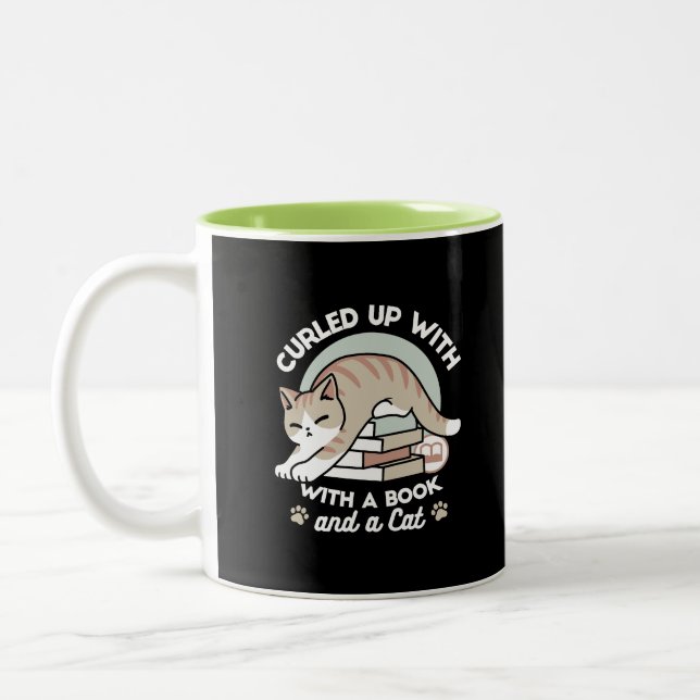Book Lover Cat Illustration - Curled Up & Cosy Two-Tone Coffee Mug (Left)