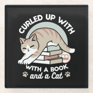 Book Lover Cat Illustration - Curled Up & Cozy Glass Coaster