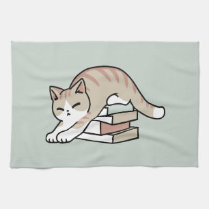 Book Lover Cat Illustration - Curled Up & Cozy Tea Towel
