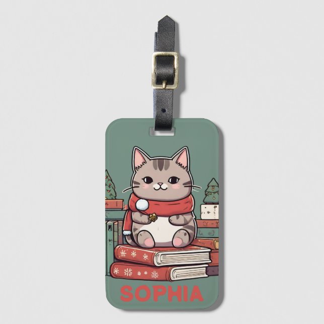 book lover cat lover luggage tag (Front Vertical)