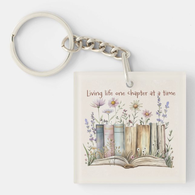 Book Lover Gift with Floral and Book Stack Design Key Ring (Front)