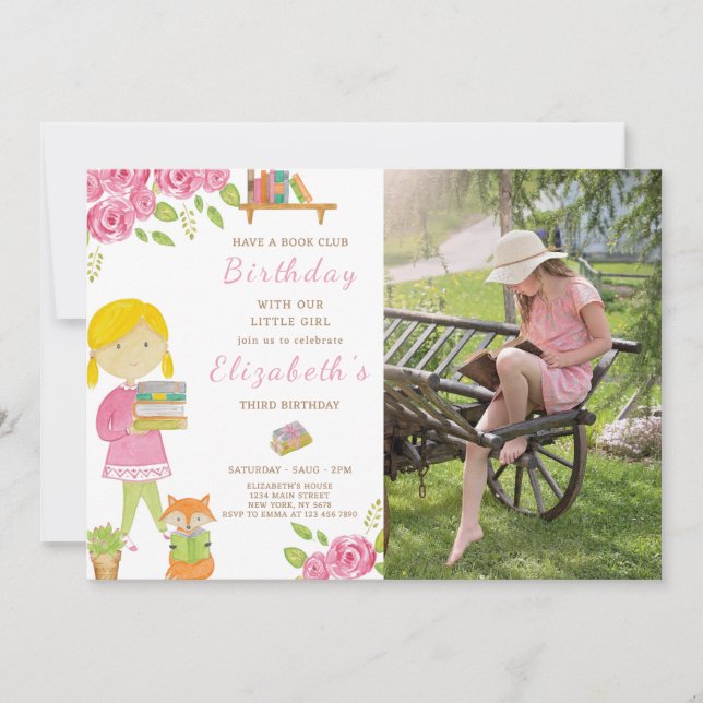 Book Lover Girl Birthday Invitation With Photo (Front)