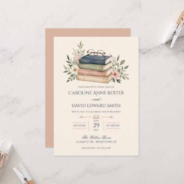 Book Lover Library Reader Romantic Floral Wedding Invitation (Front/Back In Situ)