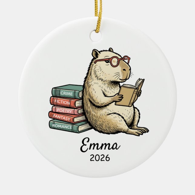Book Lover present, book lover capybara Ceramic Tree Decoration (Front)