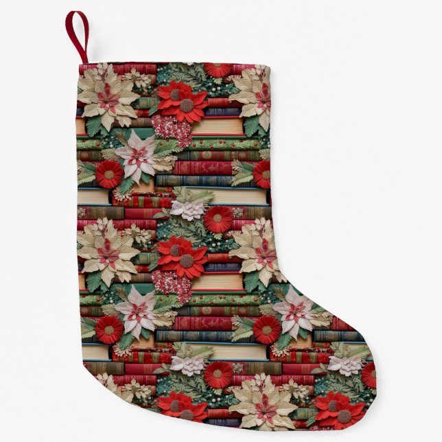 Book Lover Red White Poinsettia Floral Christmas Small Christmas Stocking (Front)