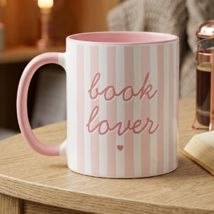 Book Lover Script Quote Pink Striped Heart Coffee Mug