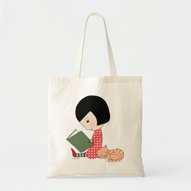 Book Lover Tote Bag Reading book Girl Cat Bookworm (Front)