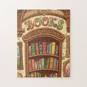 Book Lovers Cute Cartoon Bookshelf Cheerful Colour Jigsaw Puzzle
