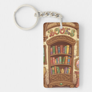 Book Lovers Cute Cartoon Bookshelf Cheerful Colour Key Ring