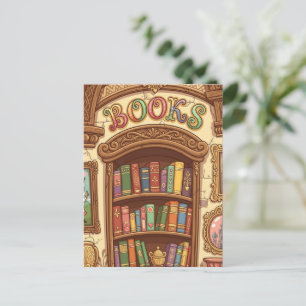Book Lovers Cute Cartoon Bookshelf Cheerful Colour Postcard