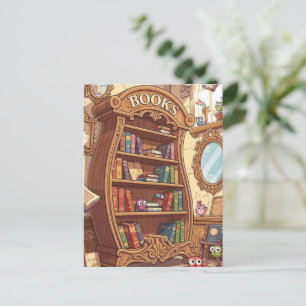 Book Lovers Cute Cartoon Bookshelf with Critters Postcard