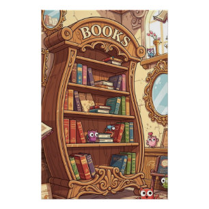 Book Lovers Cute Cartoon Bookshelf with Critters Poster