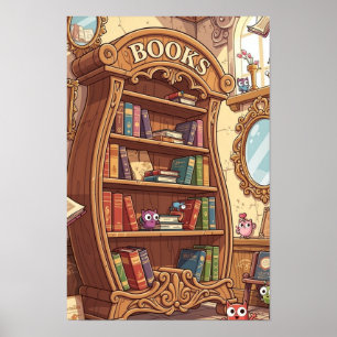 Book Lovers Cute Cartoon Bookshelf with Critters Poster