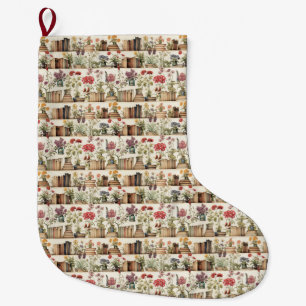 Book Lovers Floral & Botanical Bookshelf Large Christmas Stocking