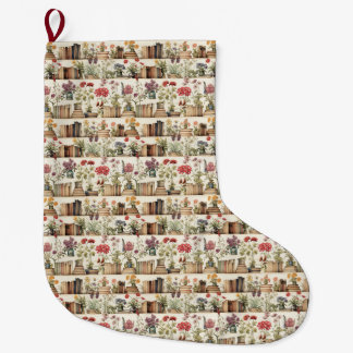 Book Lovers Floral & Botanical Bookshelf Large Christmas Stocking