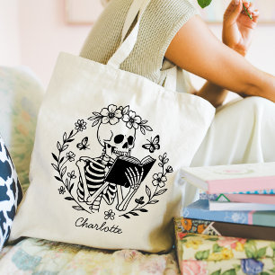 Book Lover's Funny Reading Skeleton Personalised Tote Bag