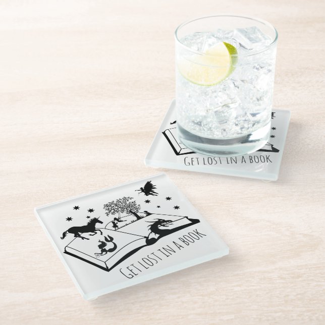 Book Lovers Get Lost in a Book Art Glass Coaster (Angled)