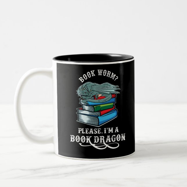 Book Lovers Gifts Book Dragon Bookworm Two-Tone Coffee Mug (Left)