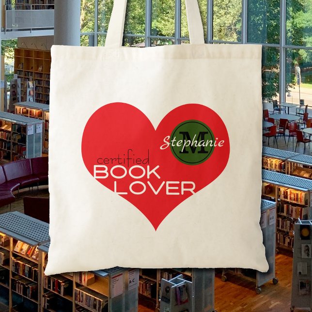 Book Lovers Heart Reader's Name Monogram Tote Bag (Eye-catching book bag for the book lover in your life.  Budget friendly bag.)
