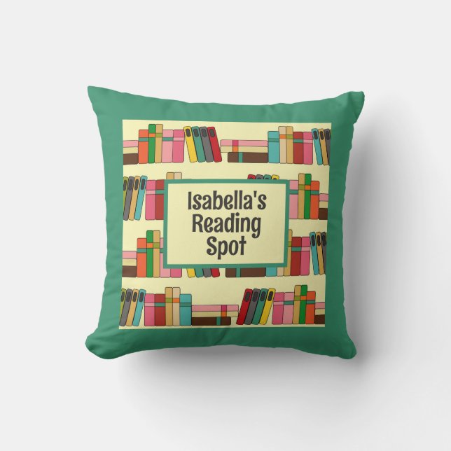 Book Lovers Reading Spot Green Bookshelf Bookish  Cushion (Front)