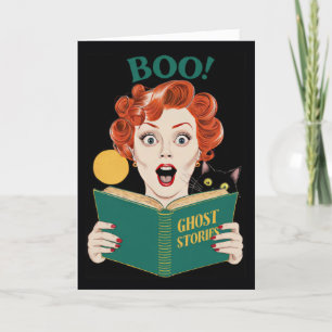Book Lover's Vintage Halloween Boo and Black Cat Holiday Card