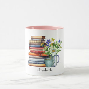 Book Lover's Watercolor Floral Bookstack Custom Mug