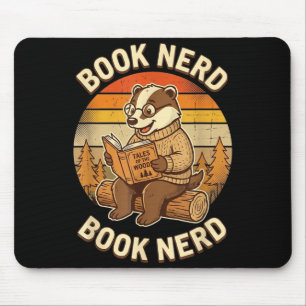 Book nerd funny reading badger retro sunset design mouse mat
