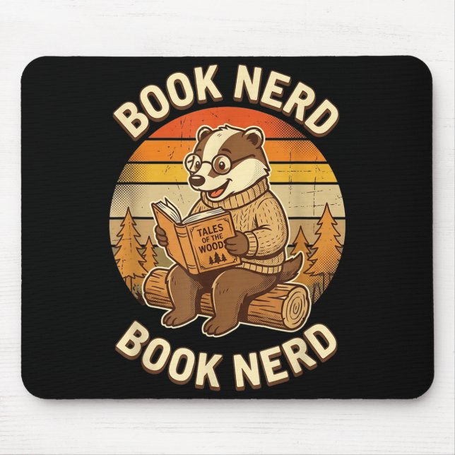 Book nerd funny reading badger retro sunset design mouse mat (Front)
