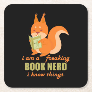 Book Nerd Squirrel Square Paper Coaster