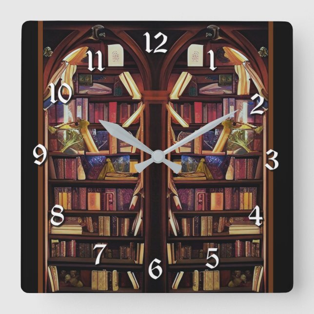 Book Nook Bookshelves Square Wall Clock (Front)